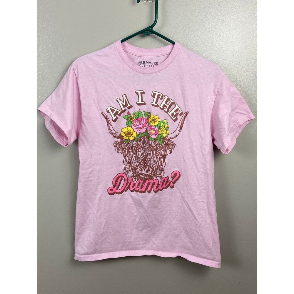 Farm Fed Clothing Am I‎ The Drama Highland Cow Floral Pink Graphic Tee Large